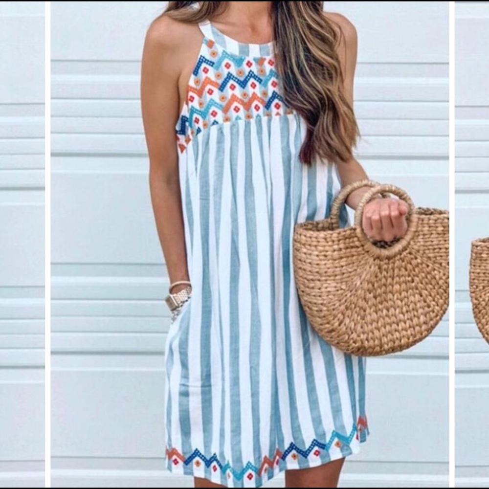 Spelesy Stripe Print Embroiderey Crew Neck Dress